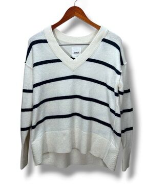 Aerie White Black Striped Soft Knit Cozy Oversized V Neck Sweater Size XXS